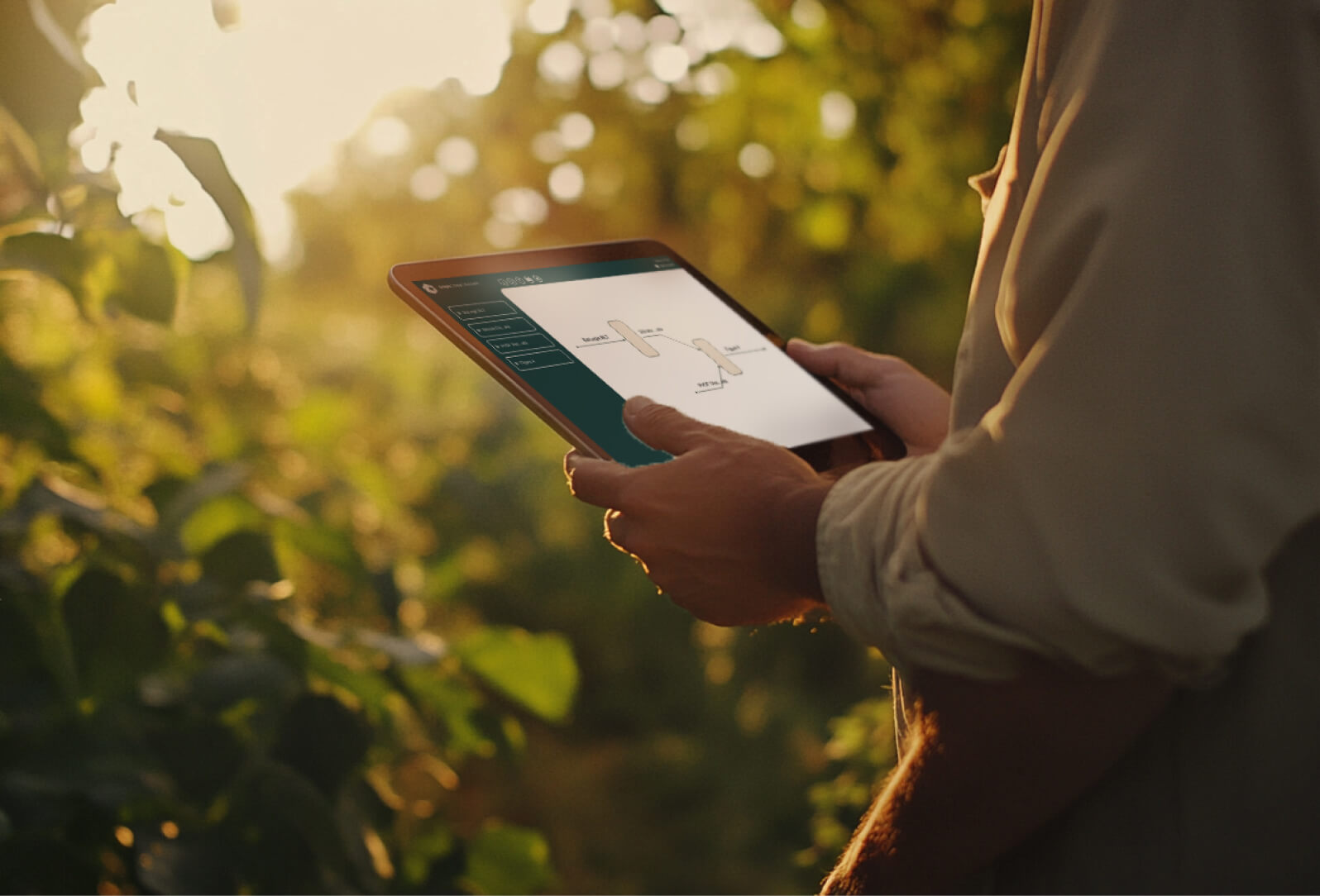 A person holding a table in a field with trees